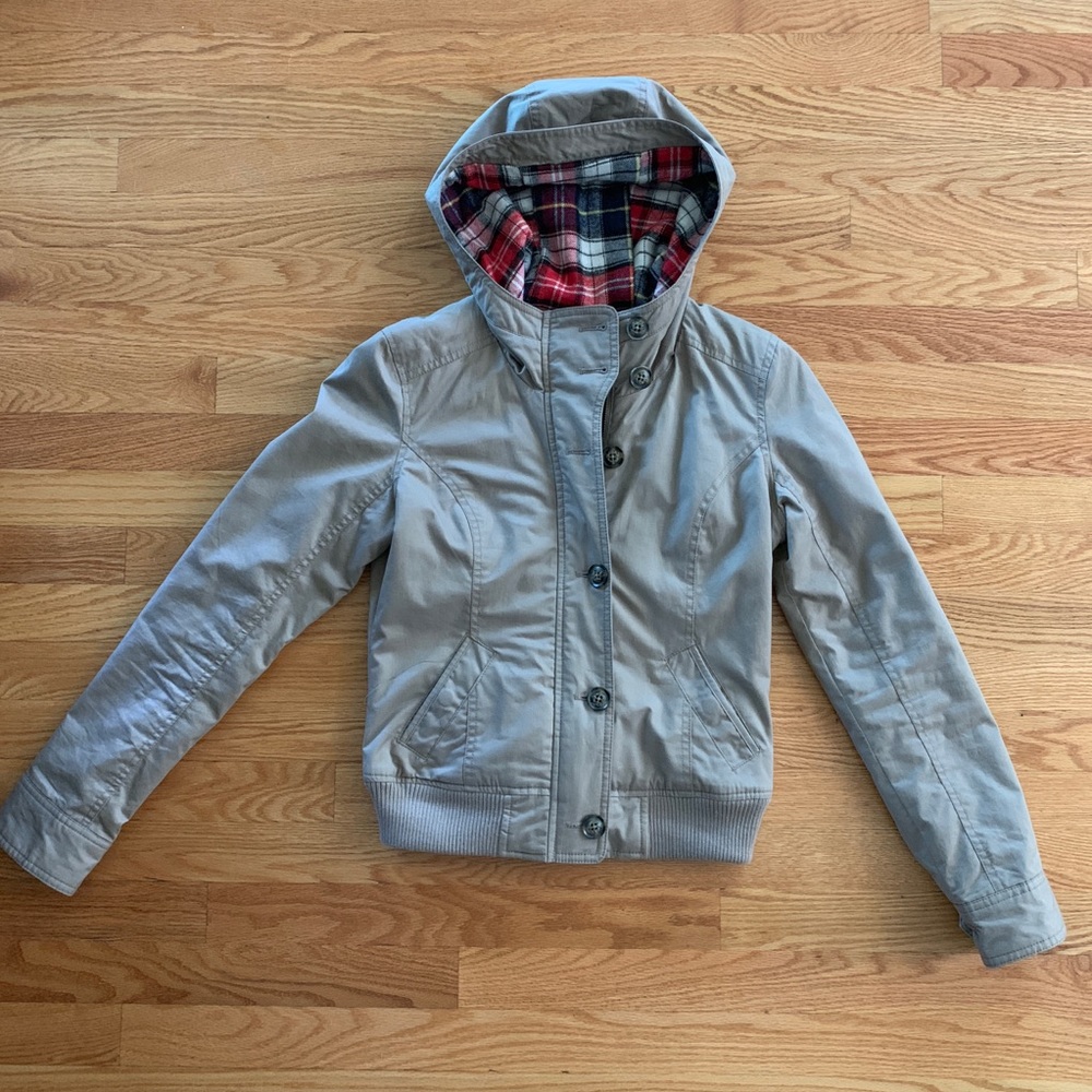 Bomber jacket with plaid lined hood